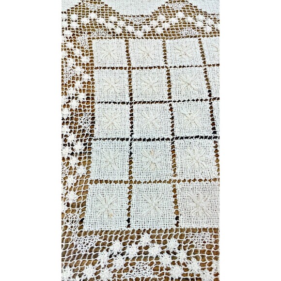 Vintage 1950's Table Runner Dresser Buffet Runner Crocheted Linen Cotton Vintage - Picture 1 of 7
